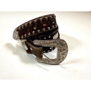 Handcrafted Leather Cowhide Belt Western Style Rhinestones Floral Buckle Design